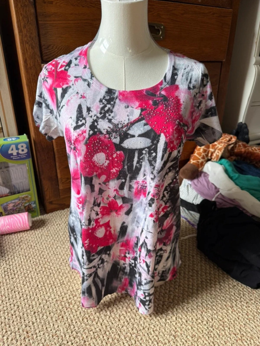 Pink and black floral rhinestone emo y2k grunge top